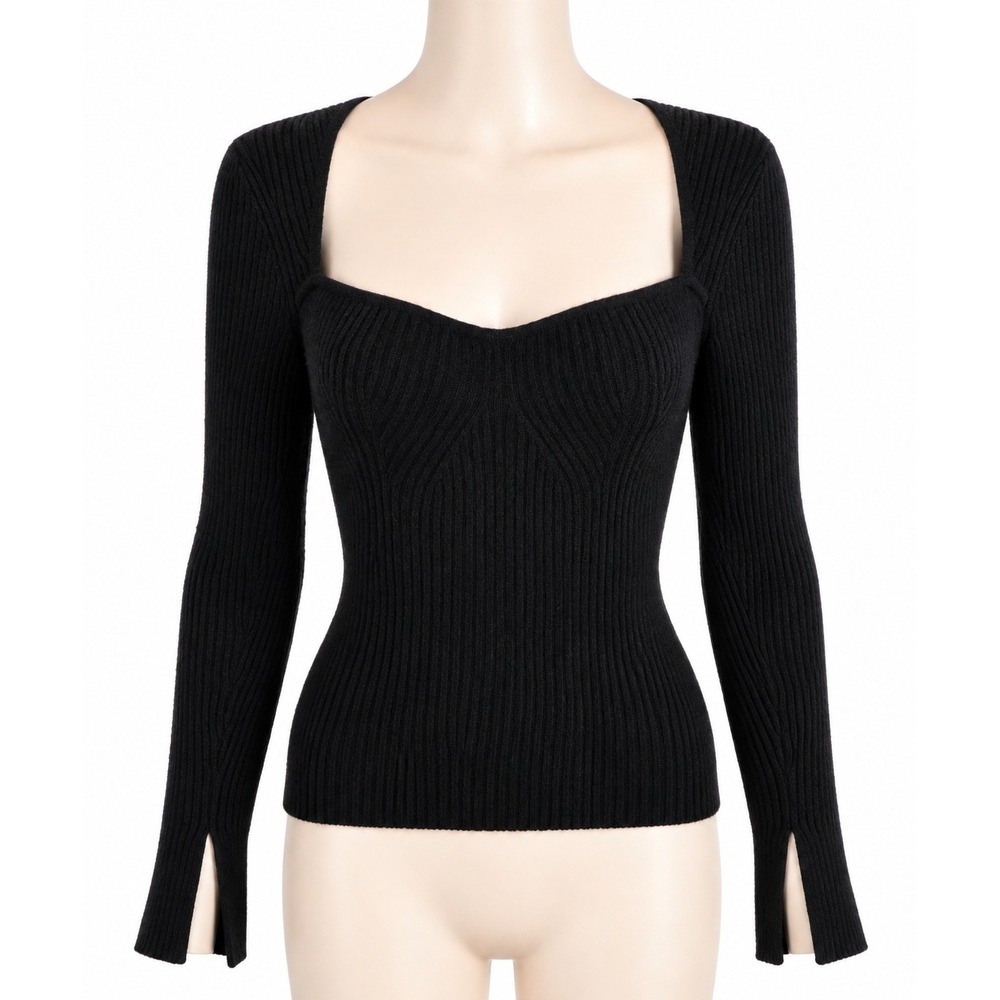 Reformation Black Cashmere Ribbed Sweetheart Neck Long Sleeve Sweater S